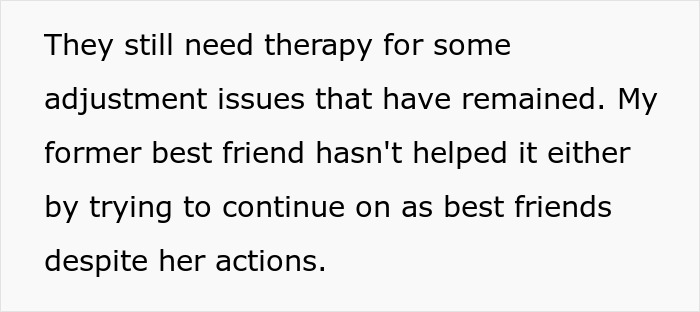 Text discussing therapy needs after betrayal by ex-husband and former friend.