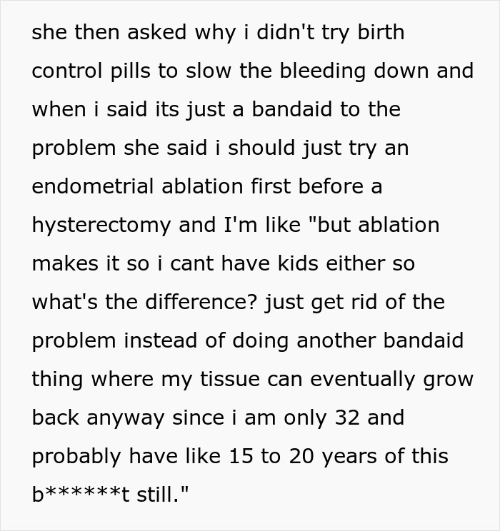 Text conversation discussing hysterectomy options with nurse, expressing frustration over appointment advice.