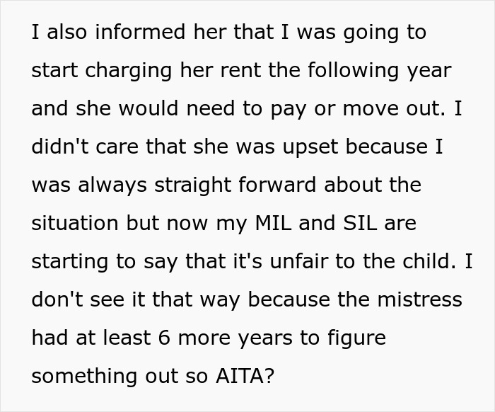 Text about a woman's decision to charge rent, addressing her husband's affair child's funding and family disagreements.