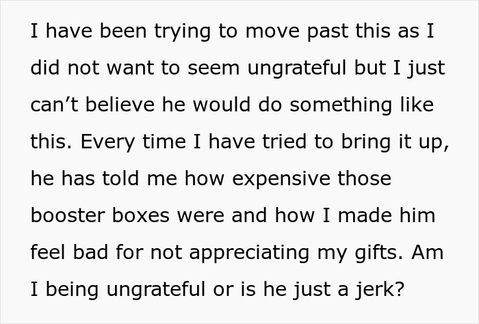 Text expressing feelings about a boyfriend gifting expensive Pokémon cards for Christmas, questioning gratitude.