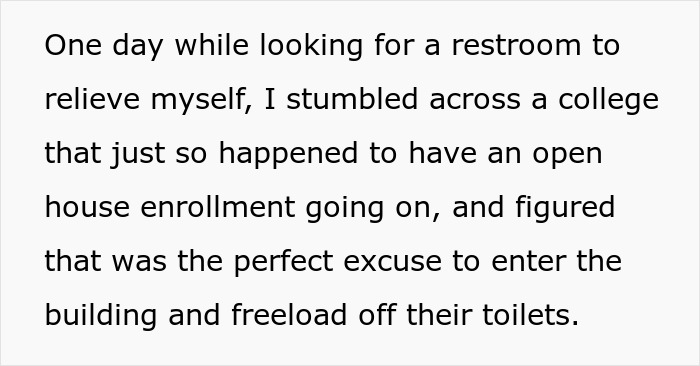 Text describing a homeless man's search for a restroom leading to college enrollment.