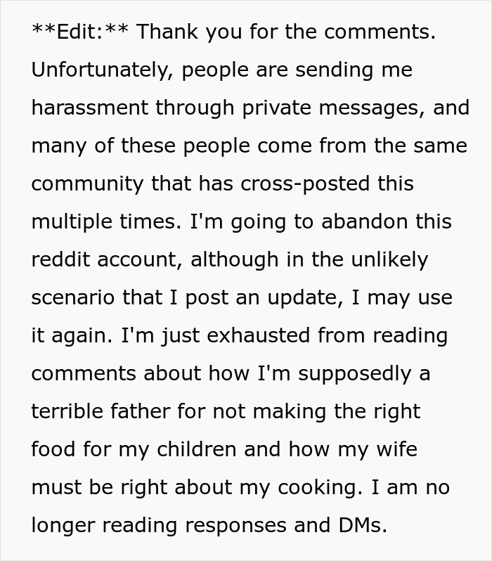 Text describing deletion of a Reddit account due to harassment, mentions husband-wife cooking drama.