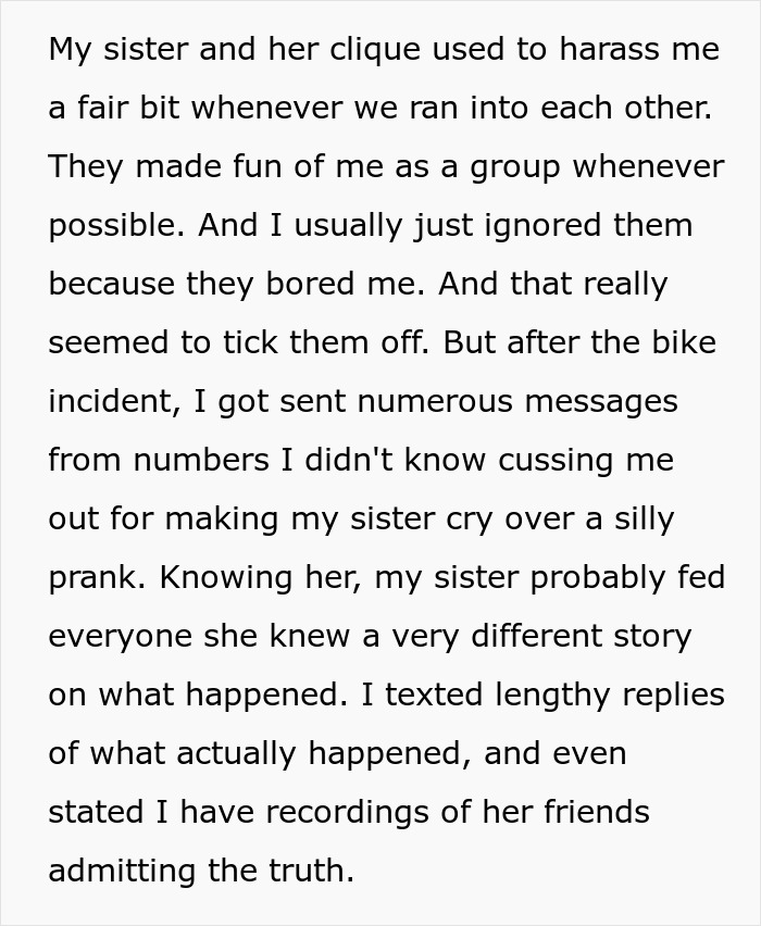 Text about a sister being criticized for her actions regarding her brother's bike theft and subsequent events.