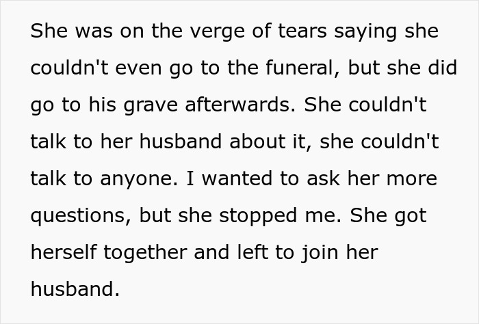 Text from stranger recounting a confession of an affair by a colleague's wife, mentioning her emotional state.