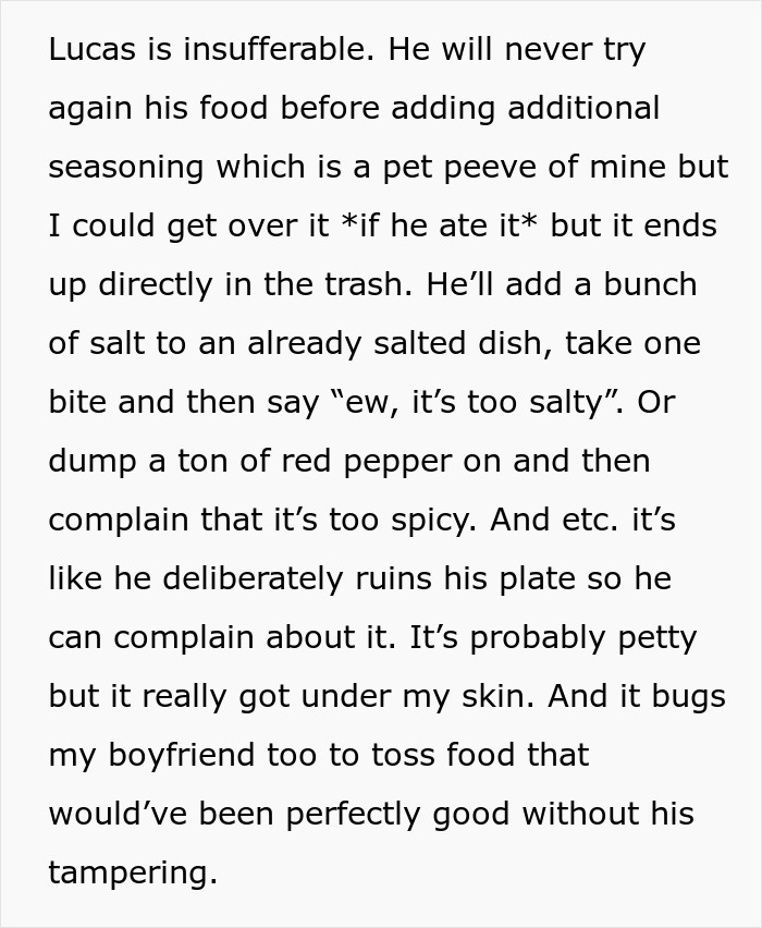 Text about a guy constantly wasting food at dinner parties by over-seasoning, leading to banishment.