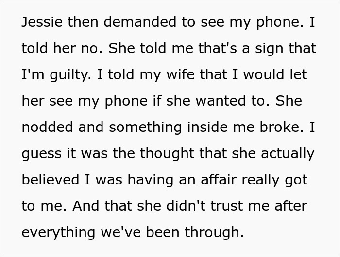 Infidelity accusations text exchange about trust issues and guilt relating to phone privacy concerns.