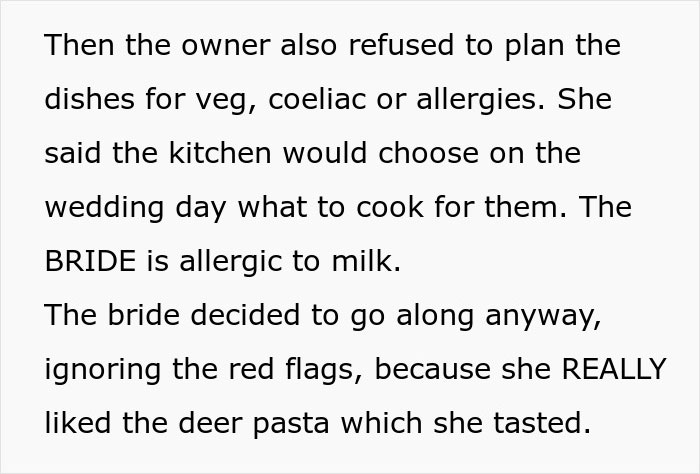 Text outlining wedding caterer's refusal to accommodate allergies, leading to conflict with the bride.