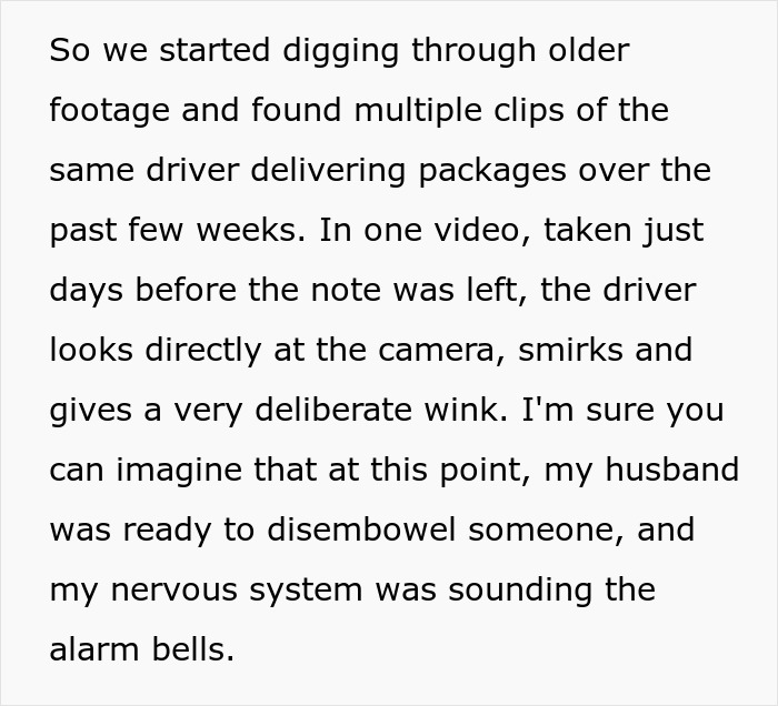 Text recounting a reaction to an Amazon driver's behavior captured on video before leaving a concerning note.