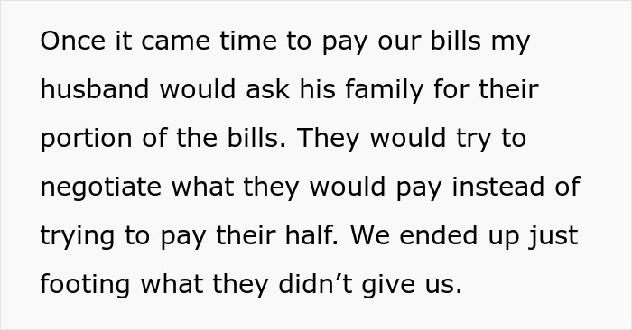 Text discussing bill payment issues with husband's family.