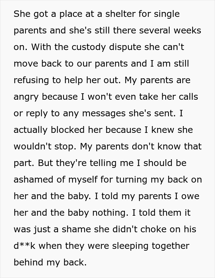 Text of a personal story about family conflict related to infidelity and consequences.