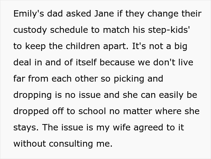 Text conversation about custody schedule change without consulting husband. Issue with wife's decision.