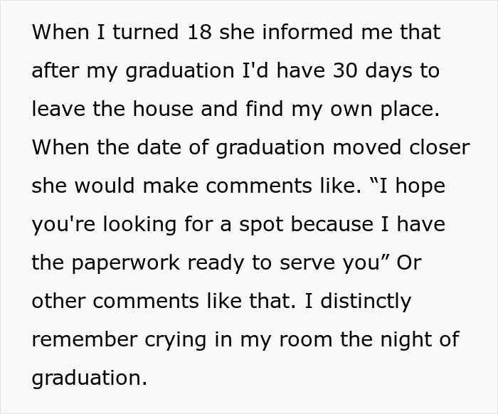 Text message discussing stepmother's comments about moving out after graduation, causing distress.