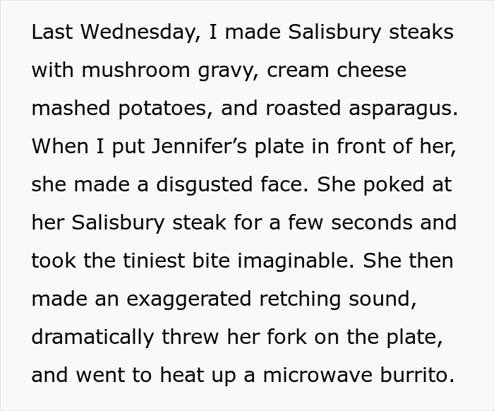 Displeased wife reacting to husband's cooking, creating a kitchen drama with Salisbury steak and mashed potatoes.