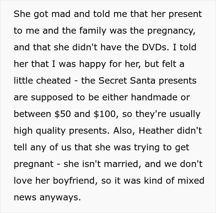 Text discussing a sister\'s pregnancy announcement during a Secret Santa exchange, causing mixed feelings.