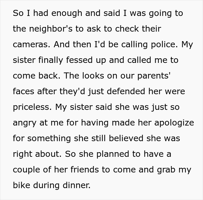 Text about a spoiled brat stealing and dumping her brother's bike after a disagreement.