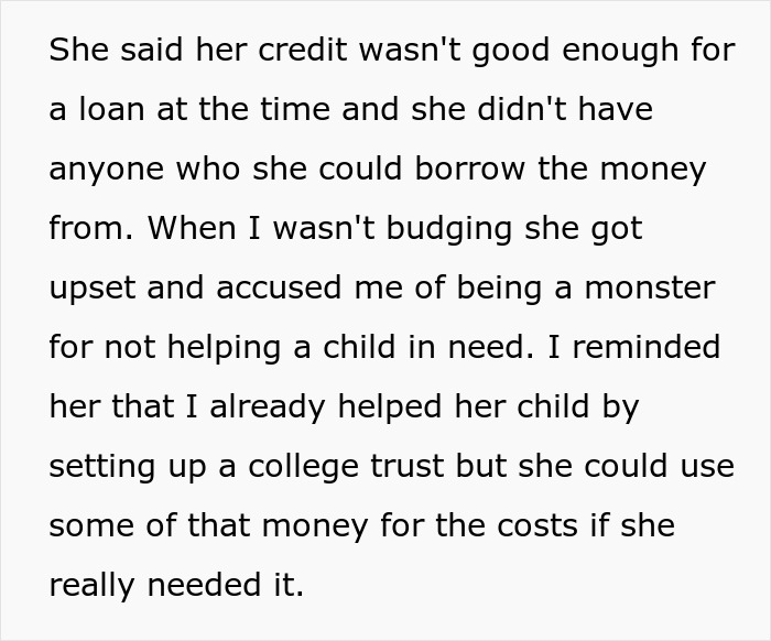 Text about woman refusing to fund husband's affair child's needs, deemed a 'monster' for not assisting further.