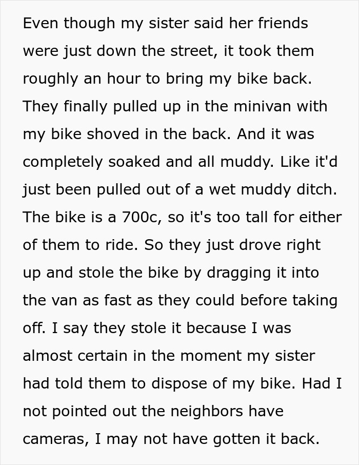 Text recounting a spoiled brat sister stealing and dumping brother’s muddy bike after dragging it into a minivan.