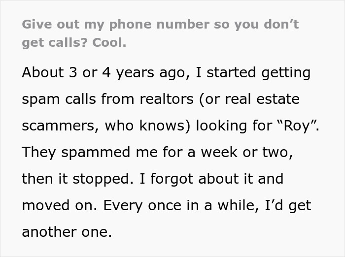 Text narrative about spam calls from realtors and dealing with scam calls.