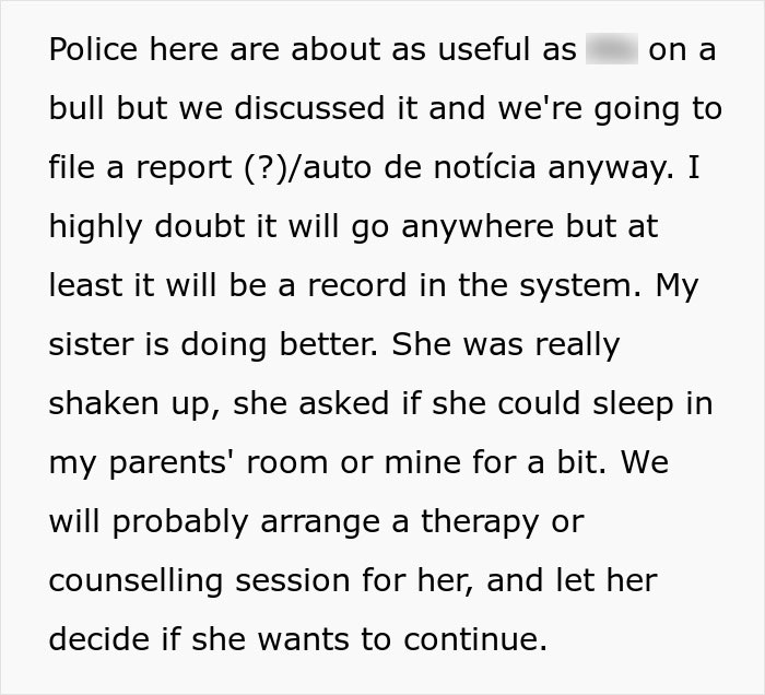 Text from a personal story about reporting an incident and arranging therapy for support.