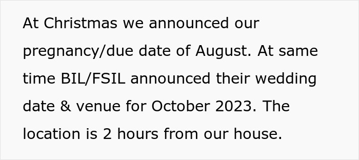 Text discussing family events, including a pregnancy announcement and a wedding date set for October 2023, location 2 hours away.