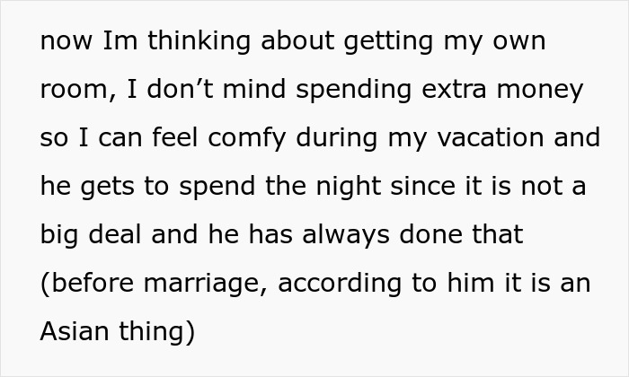 Text about considering an extra room for comfort during vacation; mentioning cultural norms before marriage.