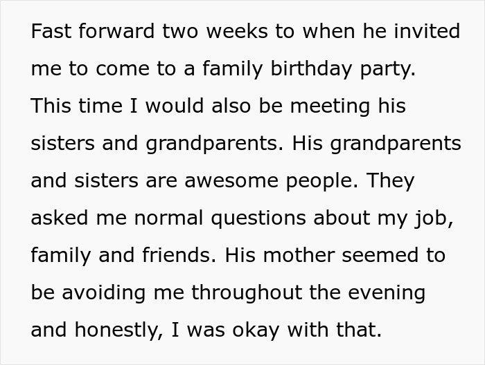 Text about attending a family birthday and meeting relatives, with mention of the mother.