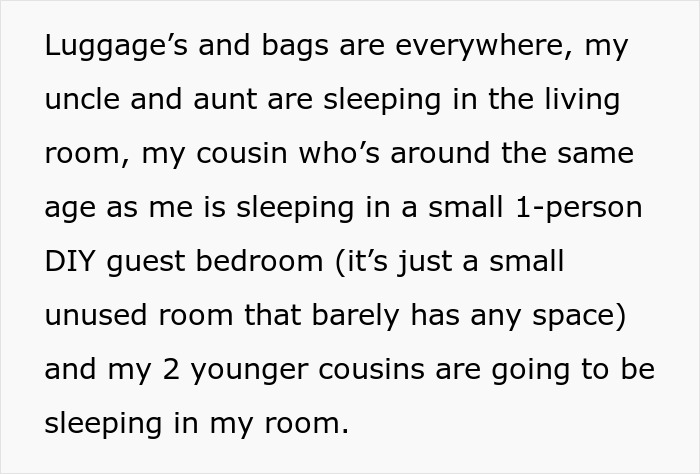 Text description of a crowded home arrangement; teen asked to sleep in basement while relatives take his room.