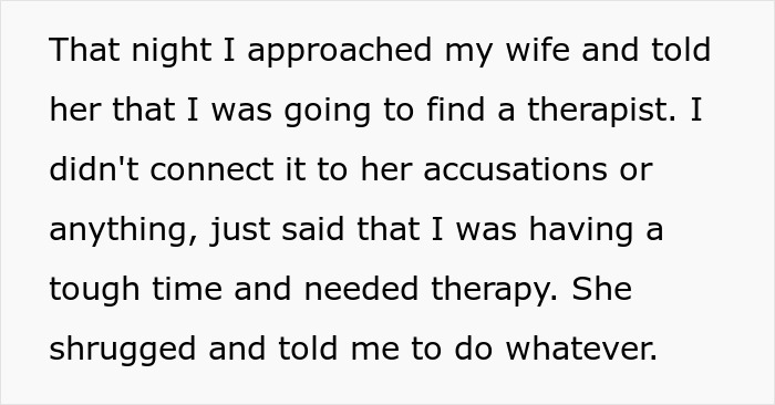 Text about a husband's struggle, mentioning therapy unrelated to accusations.