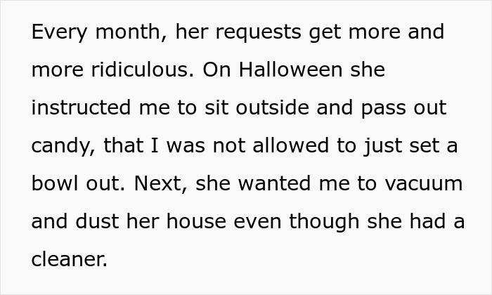 Text outlining pet sitter given extra tasks like Halloween candy distribution and house cleaning.