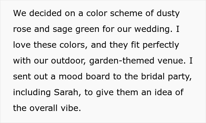 Text discussing a chosen wedding color scheme of dusty rose and sage green, fitting an outdoor garden-themed venue.