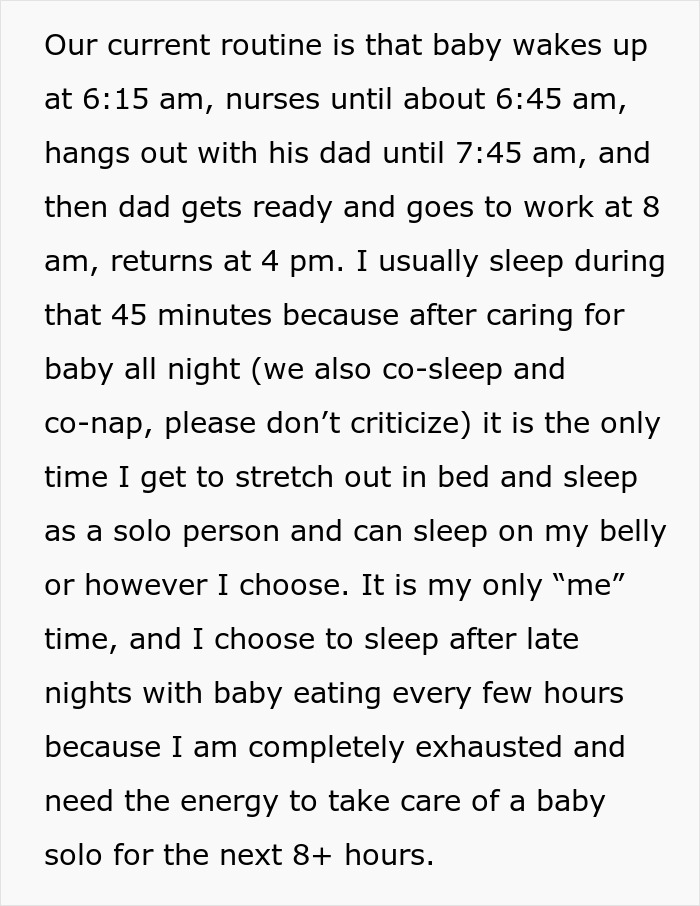 Text detailing a new mom's daily routine, highlighting her brief rest period due to nighttime baby care.