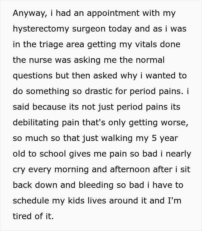 Text detailing a nurse's inquiry about a hysterectomy appointment and the patient's debilitating pain.