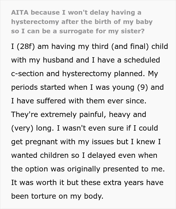 Text discussing a woman's decision on hysterectomy and facing pressure to be a surrogate.