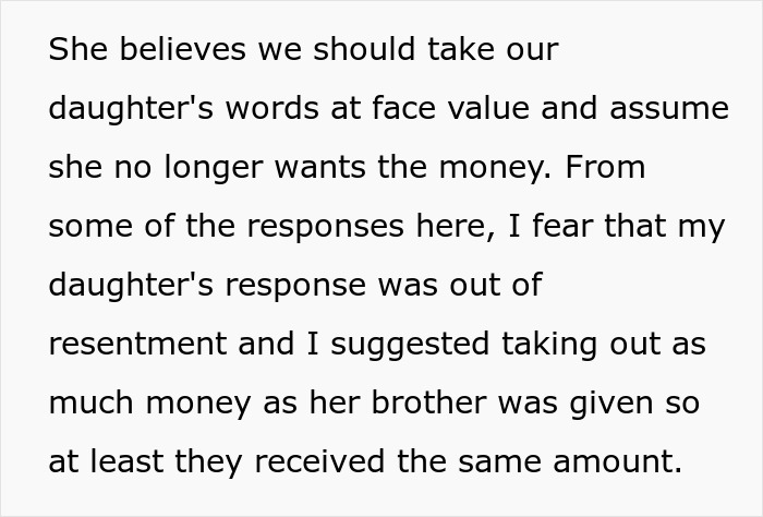 Text discussing daughter's resentment over sibling's lavish lifestyle funded by parents.