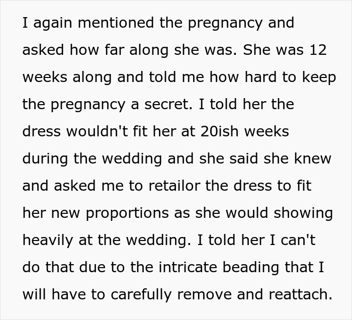 Bridal shop owner discusses wedding dress alterations due to pregnancy concerns.