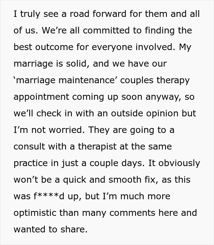 Text about seeking therapy for marriage maintenance amidst unusual revelations.