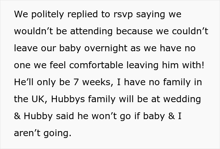 Text about family declining wedding invitation due to lack of babysitter for their 7-week-old baby.