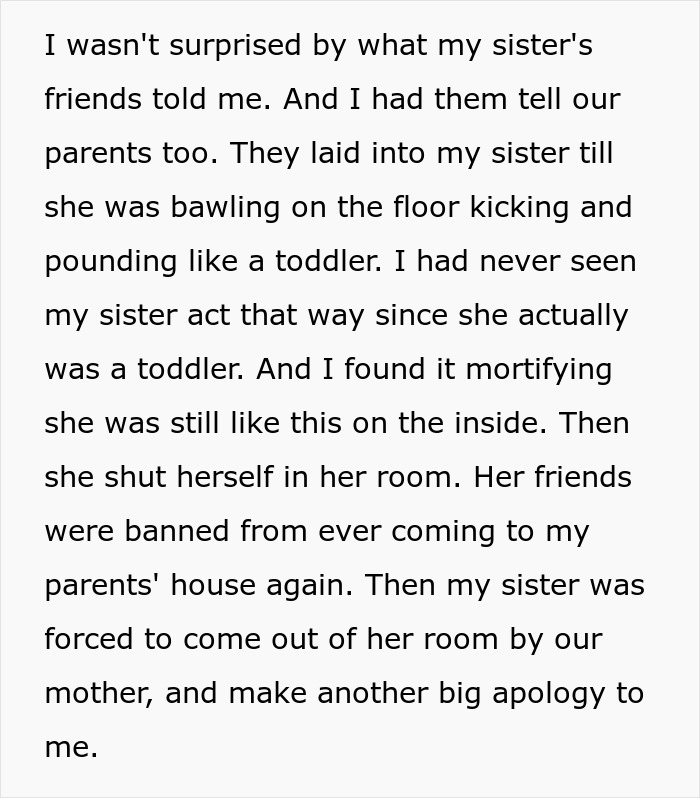 Text describing a sibling conflict and apology after a spoiled brat tantrum.