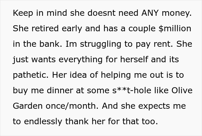 Text from a person criticizing a retiree’s selfishness despite wealth; they express frustration over minimal financial help.