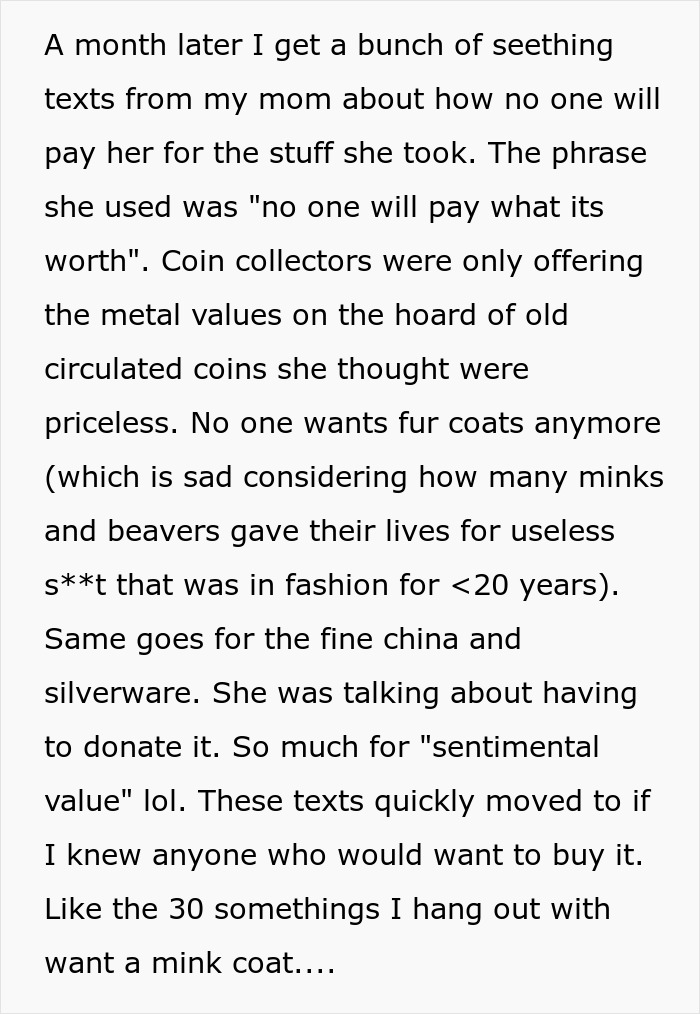 Text about a woman upset over heirlooms not fetching expected value, including coins, fur coats, and fine china.