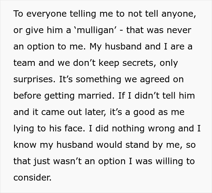 Text excerpt about husband, marriage, honesty, and avoiding secrets before wedding planning.