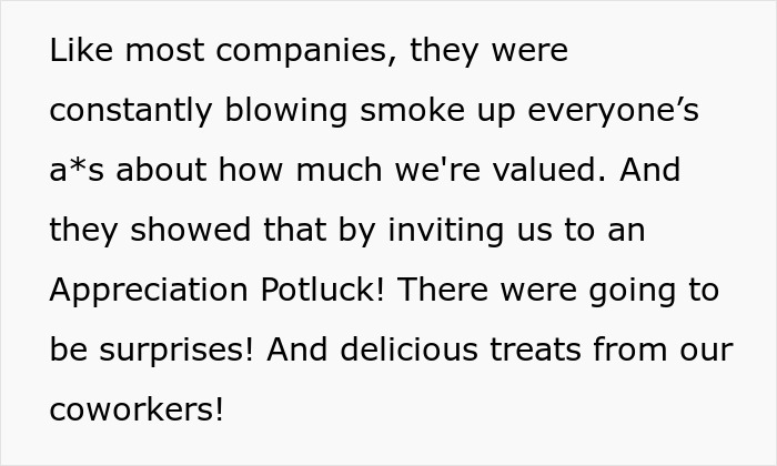 Text from a story about company appreciation potluck with high hopes for surprises and treats.