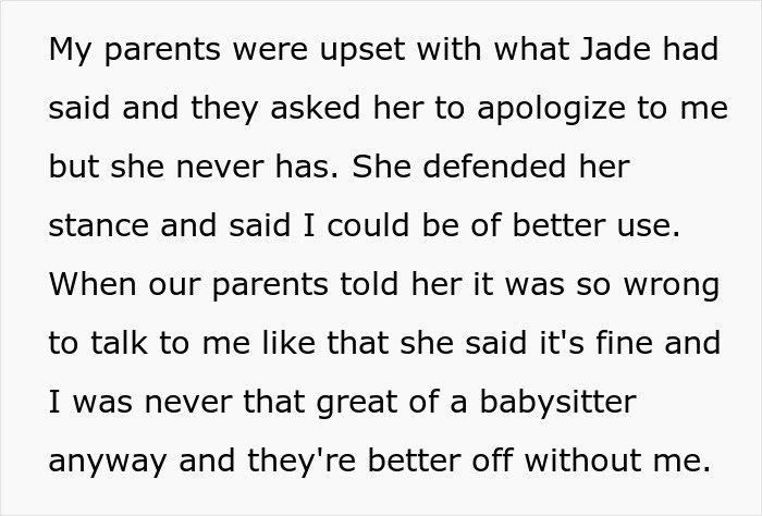 Text about a family disagreement regarding babysitting duties and respect.