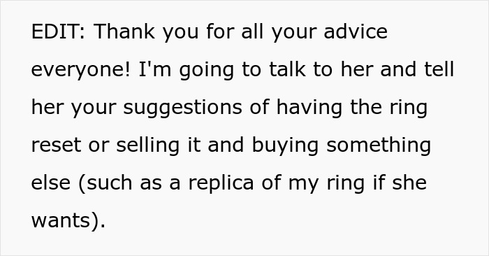 Text discussing advice on handling an heirloom ring dilemma between sisters.