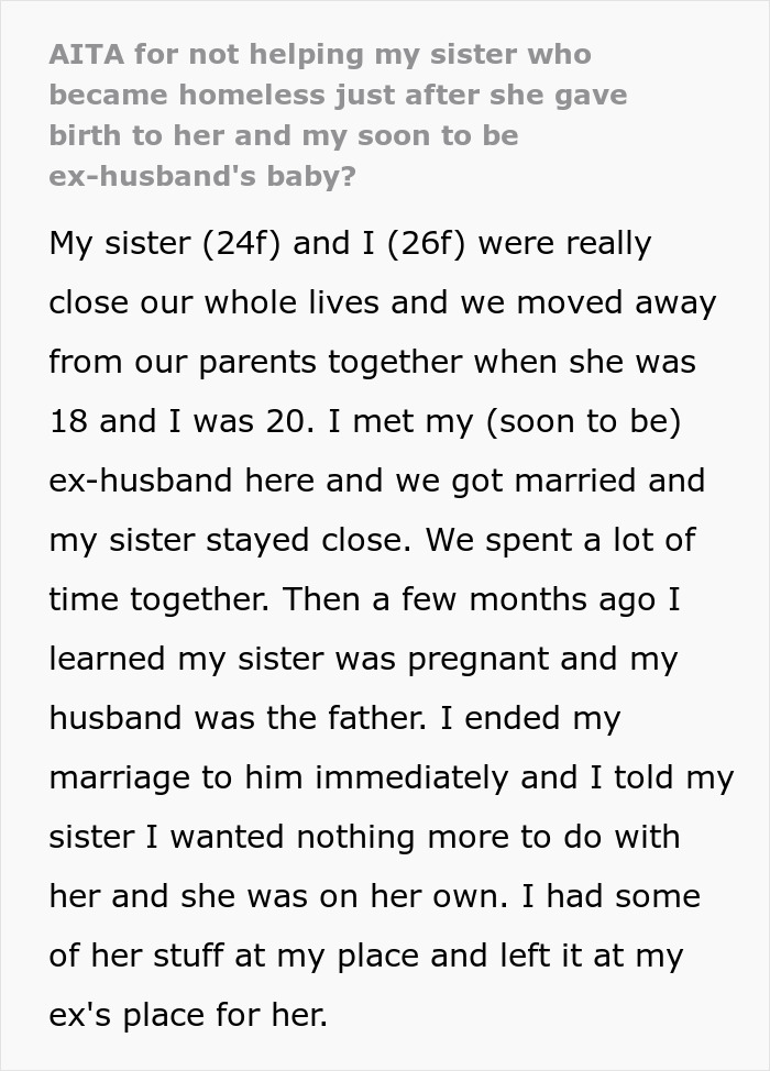 Text discussing a woman left homeless after an affair with her sister's husband.