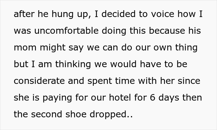 Text discussing MIL paying for hotel on son's vacation, leading to discomfort.