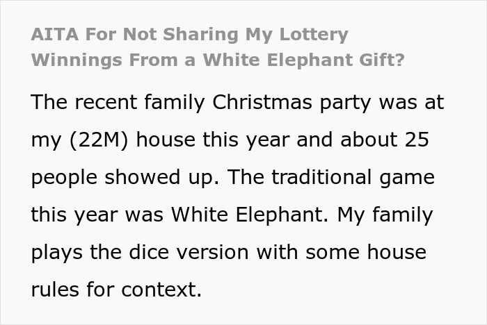 Text describing a family playing White Elephant at a Christmas party with lottery winnings involved.