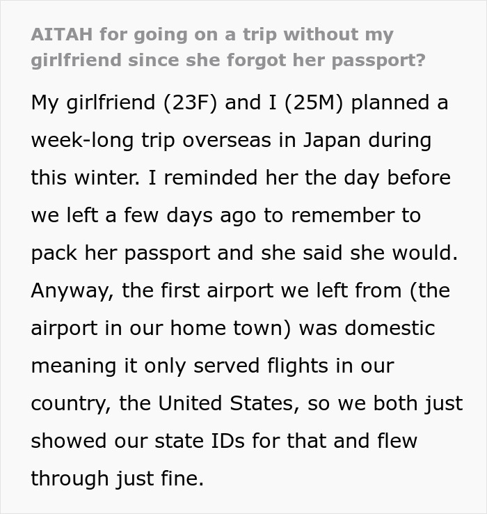 Guy Refuses To Cancel Japan Trip After GF Forgot Her Passport, She’s Upset He “Abandoned Her”