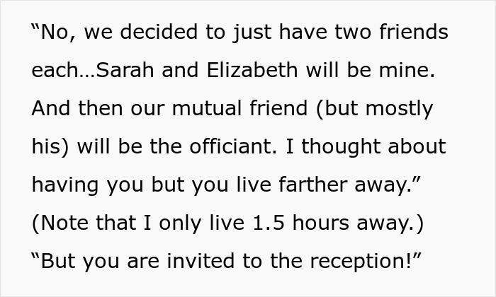 Text message explaining wedding arrangement, highlighting unexpected lack of bridesmaid invitation.