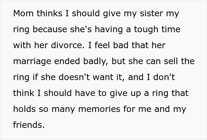 Text discussing if one sister should give her heirloom ring to her sister during her divorce.